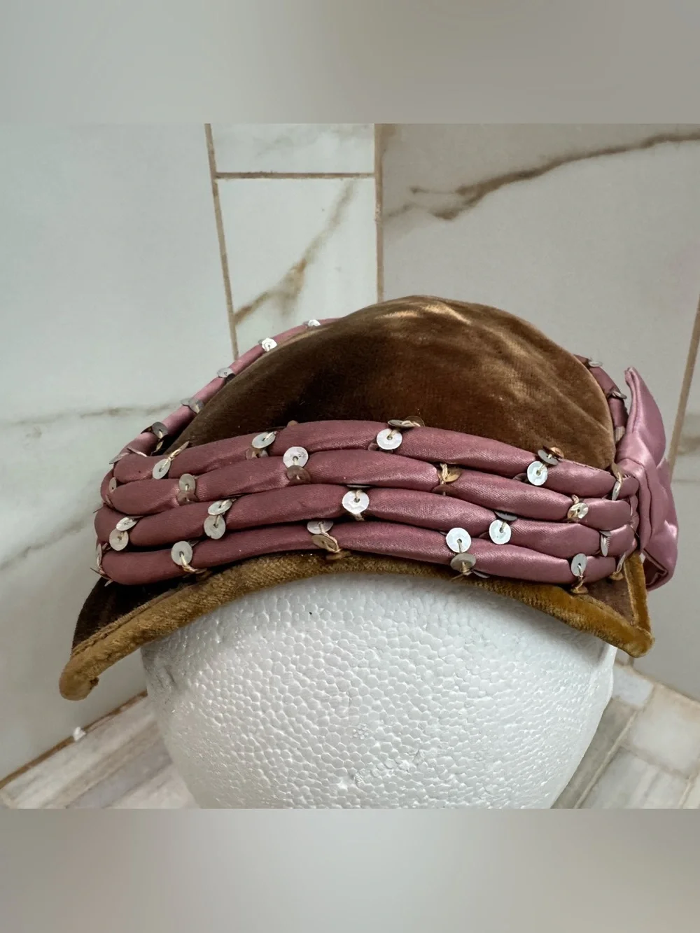 Vintage Brown Velvet Pillbox Hat Pink Satin Bow Sequin Trim Women’s Unbranded